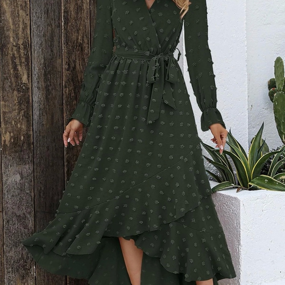 BTFBM V-Neck Swiss Dot Boho Flowy Ruffle Slit Maxi Cocktail Dress Green Size L - Picture 3 of 5